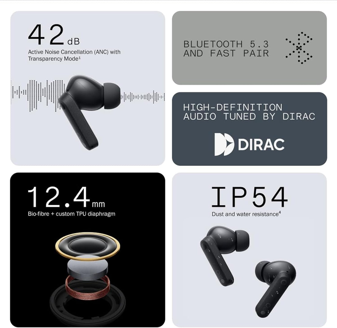 CMF BY NOTHING Buds Wireless Earbuds,42dB Active Noise Cancellation,35.5H Playtime IP54 Waterproof Earphones,Bluetooth 5.3 Dual-Device Connection in Ear Headphones for iPhone & Android (Light Grey)