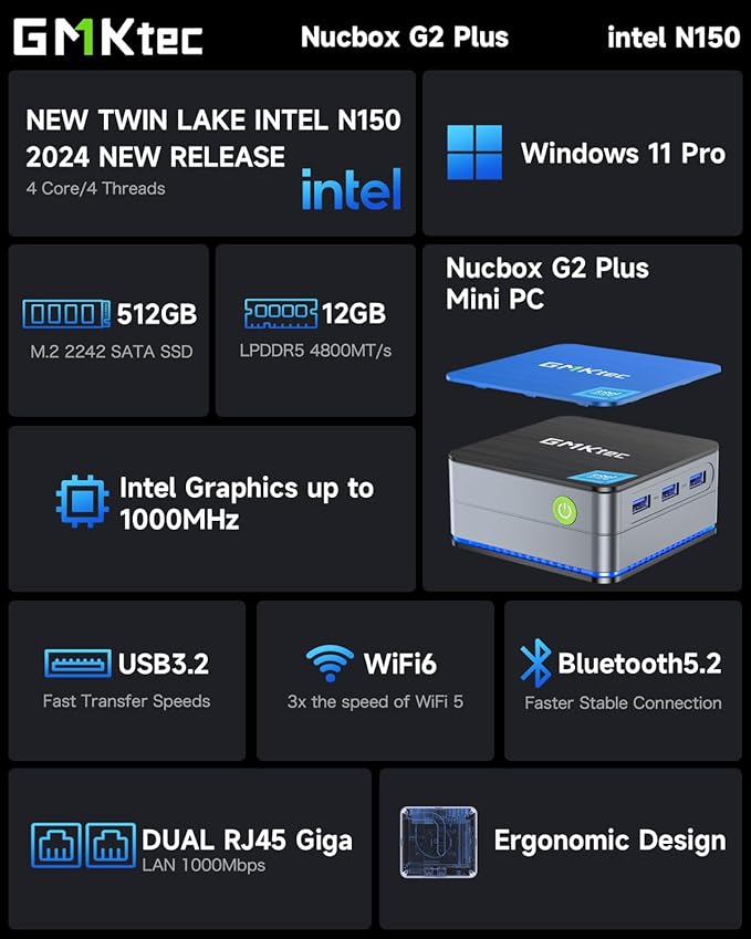 GMKtec Desktop Mini PC Windows 11 Pro Intel N100 12GB DDR5 512GB SSD Dual LAN
