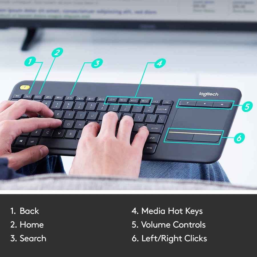 Logitech K400 Plus Wireless Livingroom Keyboard with Touchpad for Home Theatre PC Connected to TV