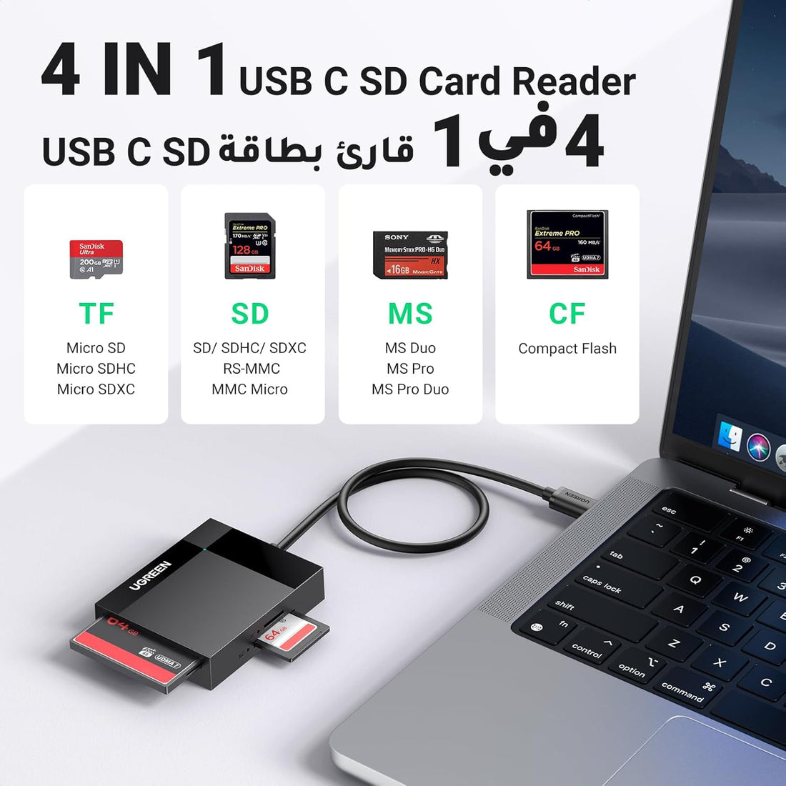 UGREEN USB C SD Card Reader 4-in-1 Memory Card Adapter External For SD Micro MS CF TF Compact Flash Camera Adapter Reader for iPhone 16/15 Series