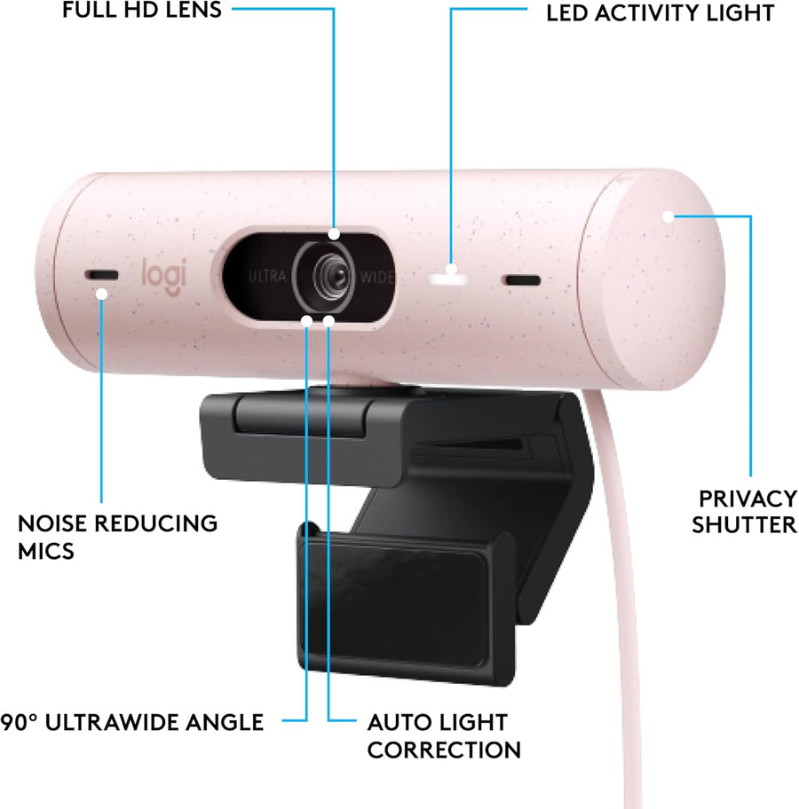 Logitech Brio 500 Full HD webcam and Zone Vibe 100 wireless headphones with noise-canceling mic