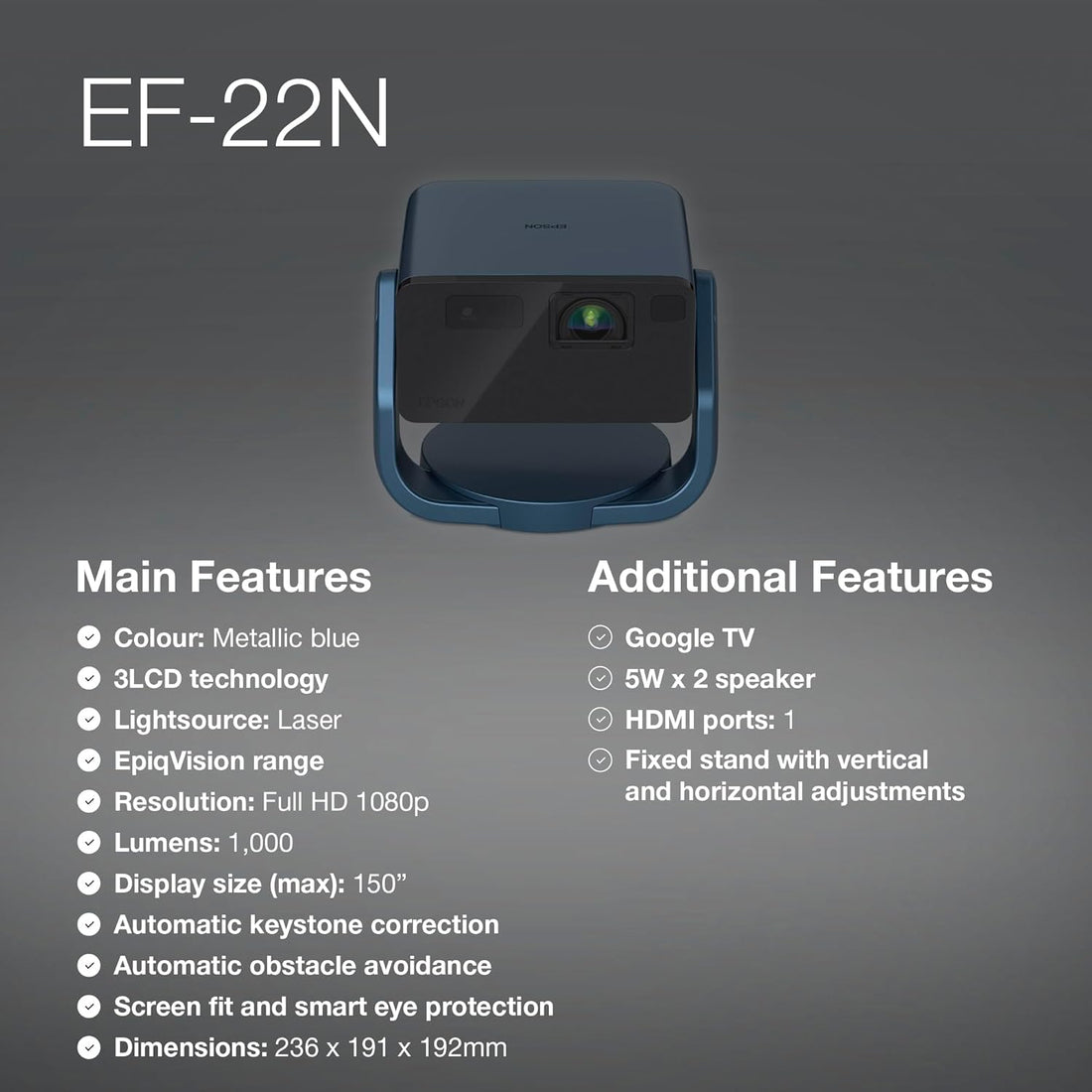 Epson EF-22 Mini Smart Laser Projector with Swivel stand