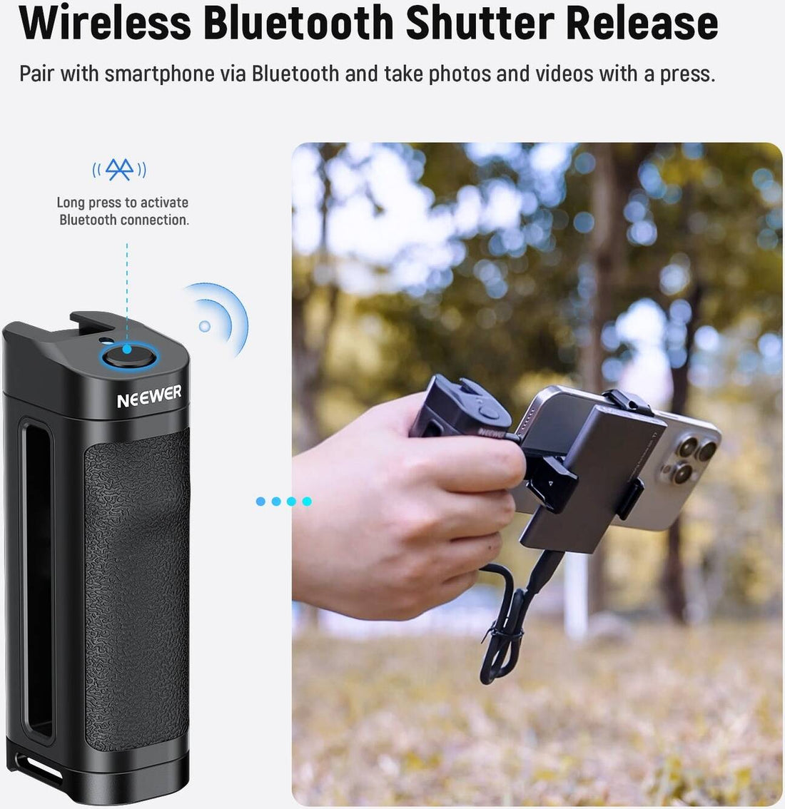 NEEWER Bluetooth Side Handle Shutter Release with 2.2"-3.2"/55-82mm 360° Phone Clamp & SSD Holder
