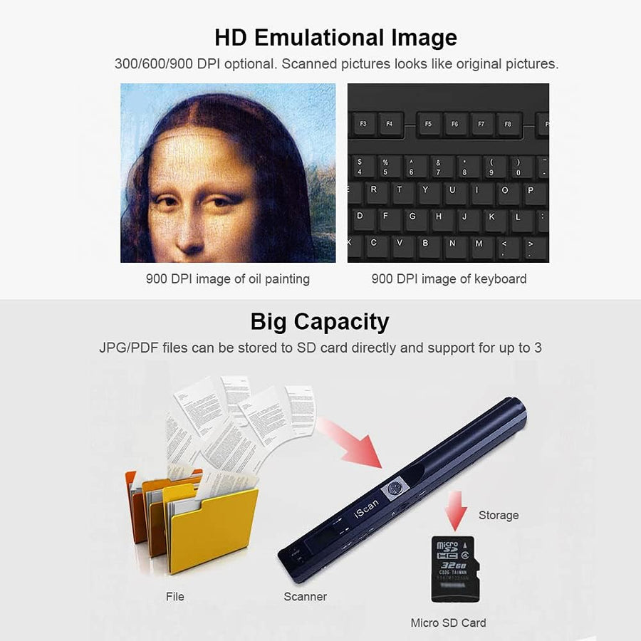 Honsto iScan Portable Scanner Mini Handheld Document Scanner A4 Book Scanner JPG and PDF Format 300/600/900 DPI