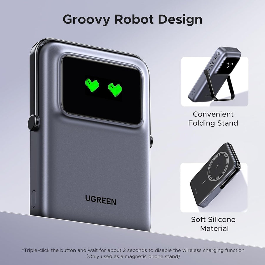 UGREEN Uno Wireless Power Bank Fast Charging 10000mAh Magnetic Mobile Phone Portable Charger PD20W with Foldable Stand and TFT Display Battery Pack MagSafe Compatible with iPhone 16-12 Series