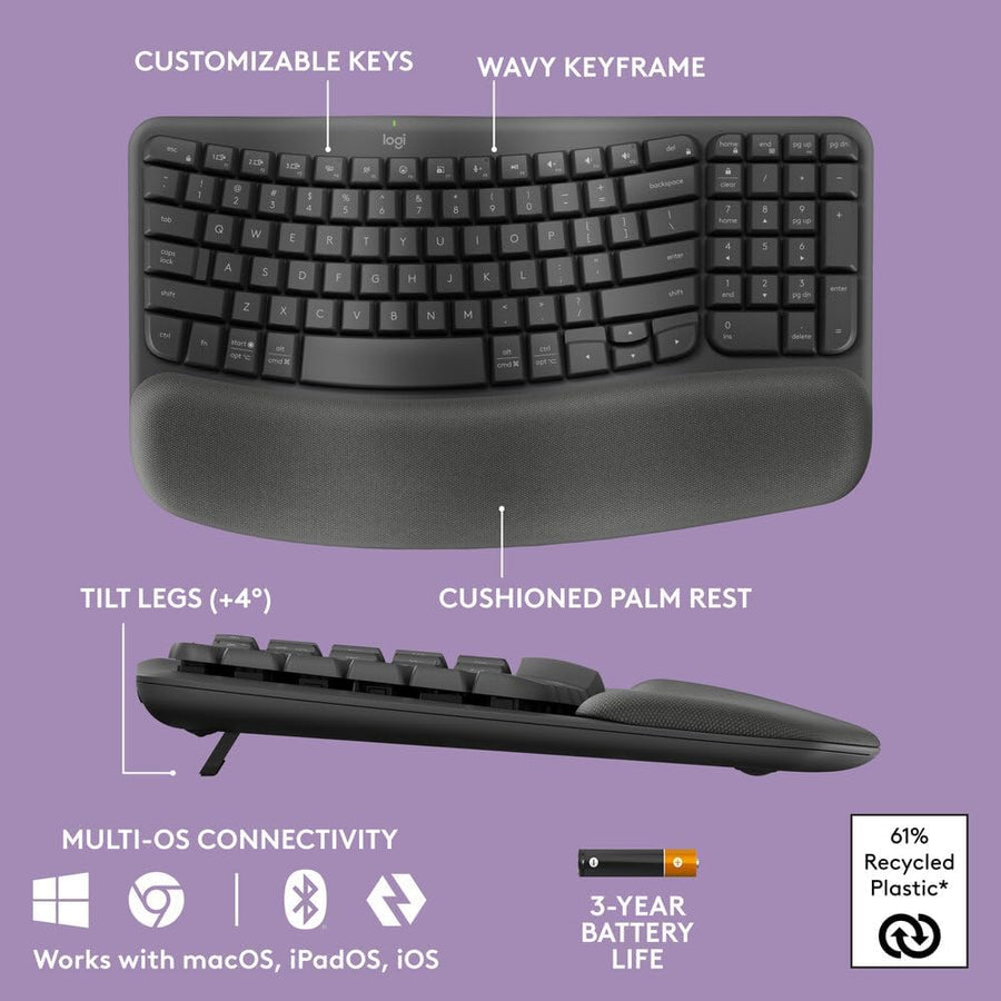 Logitech Wave Keys Wireless Ergonomic Keyboard with Cushioned Palm Rest