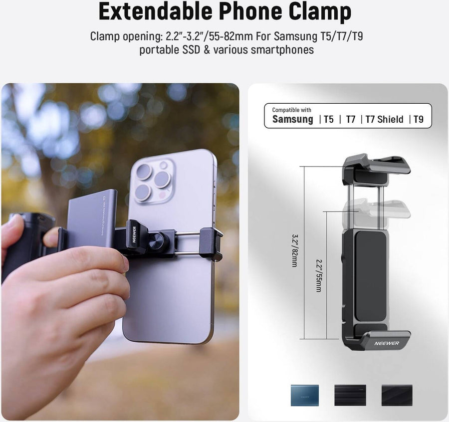 NEEWER Bluetooth Side Handle Shutter Release with 2.2"-3.2"/55-82mm 360° Phone Clamp & SSD Holder