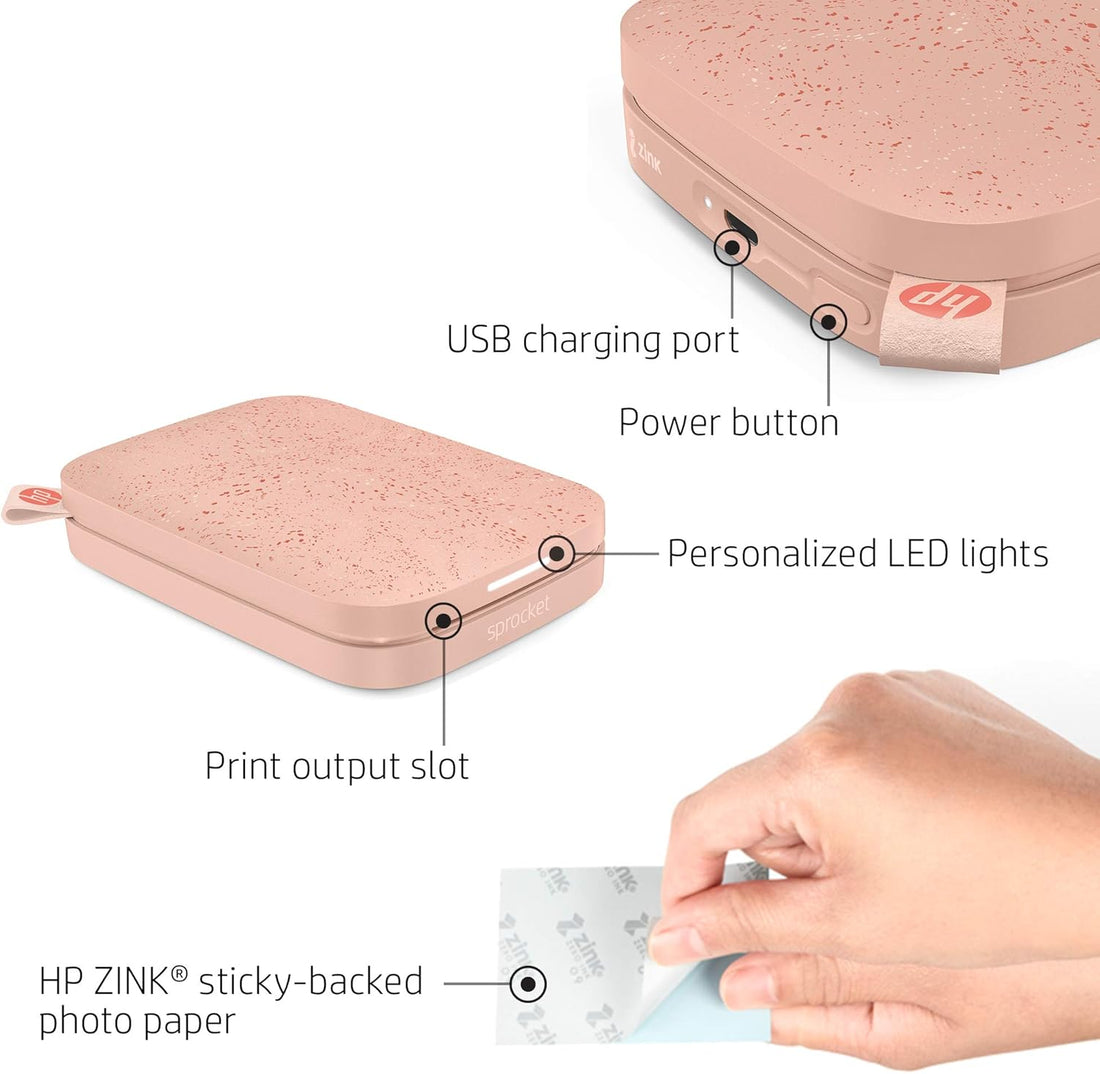HP Sprocket Portable 2x3" Instant Photo Printer (Blush) Print Pictures on Zink Sticky-Backed Paper from your iOS & Android Device.