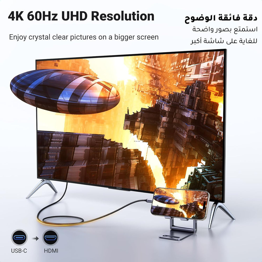 UGREEN USB C to HDMI Cable 2M,USB 3.1 Type C to HDMI 4K 60Hz UHD Adapter Compatible iPhone 16 Series,iPad 10/Pro/Air/Mini,Samsung S24 Series/S23 Series/Galaxy Z,MacBook Pro,Dell XPS,Huawei P60 Pro