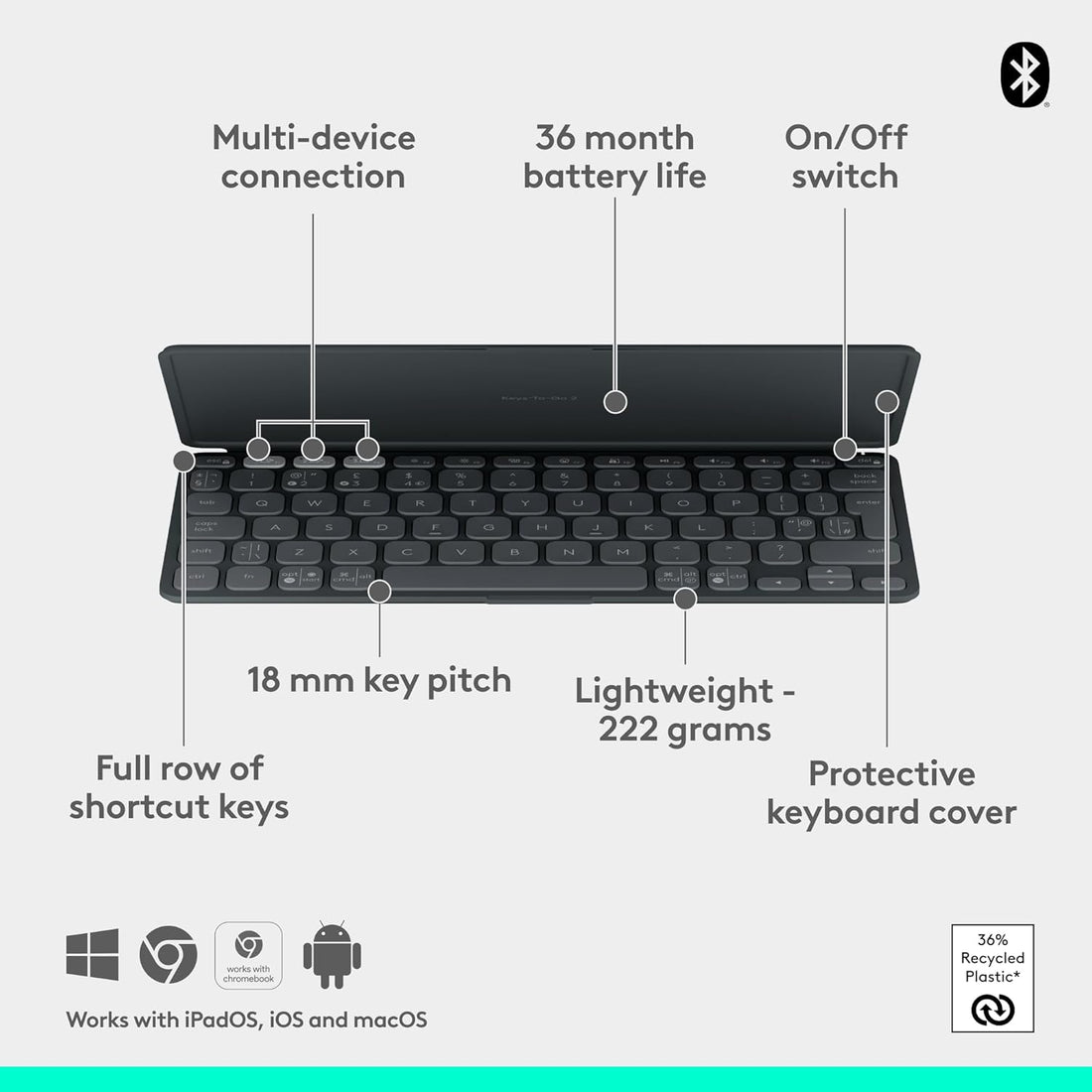 Logitech Keys-To-Go 2 Portable Bluetooth Keyboard for Tablet With Built-in Cover