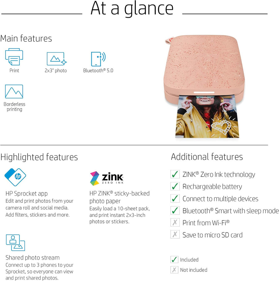 HP Sprocket Portable 2x3" Instant Photo Printer (Blush) Print Pictures on Zink Sticky-Backed Paper from your iOS & Android Device.