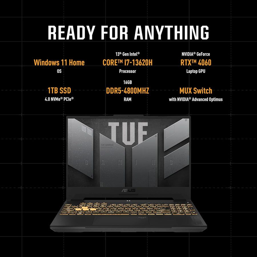 ASUS TUF F15 FX507VV-I7161G (Jaeger Gray), Gaming Laptop, i7-13620H 16GB 1TB PCIE G3 SSD, NV RTX4060, 8GB VRAM, WIN11 HOME, 15.6-inch FHD 1920X1080 16:9 144Hz, HD Webcam, Backlit-RGB-Eng-Arb-KB