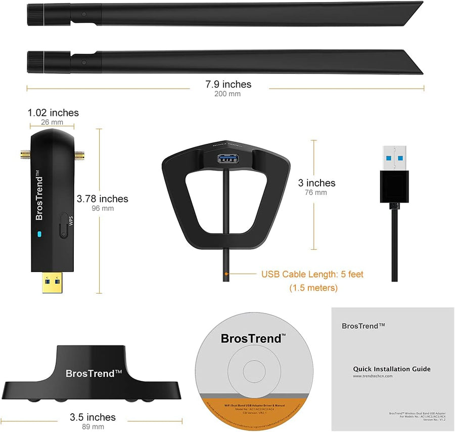 BrosTrend 1200Mbps Long Range USB WiFi Adapter for PC Desktop Laptop of Windows 11/10/8.1/8/7
