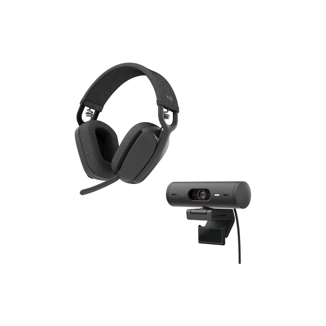 Logitech Brio 500 Full HD webcam and Zone Vibe 100 wireless headphones with noise-canceling mic