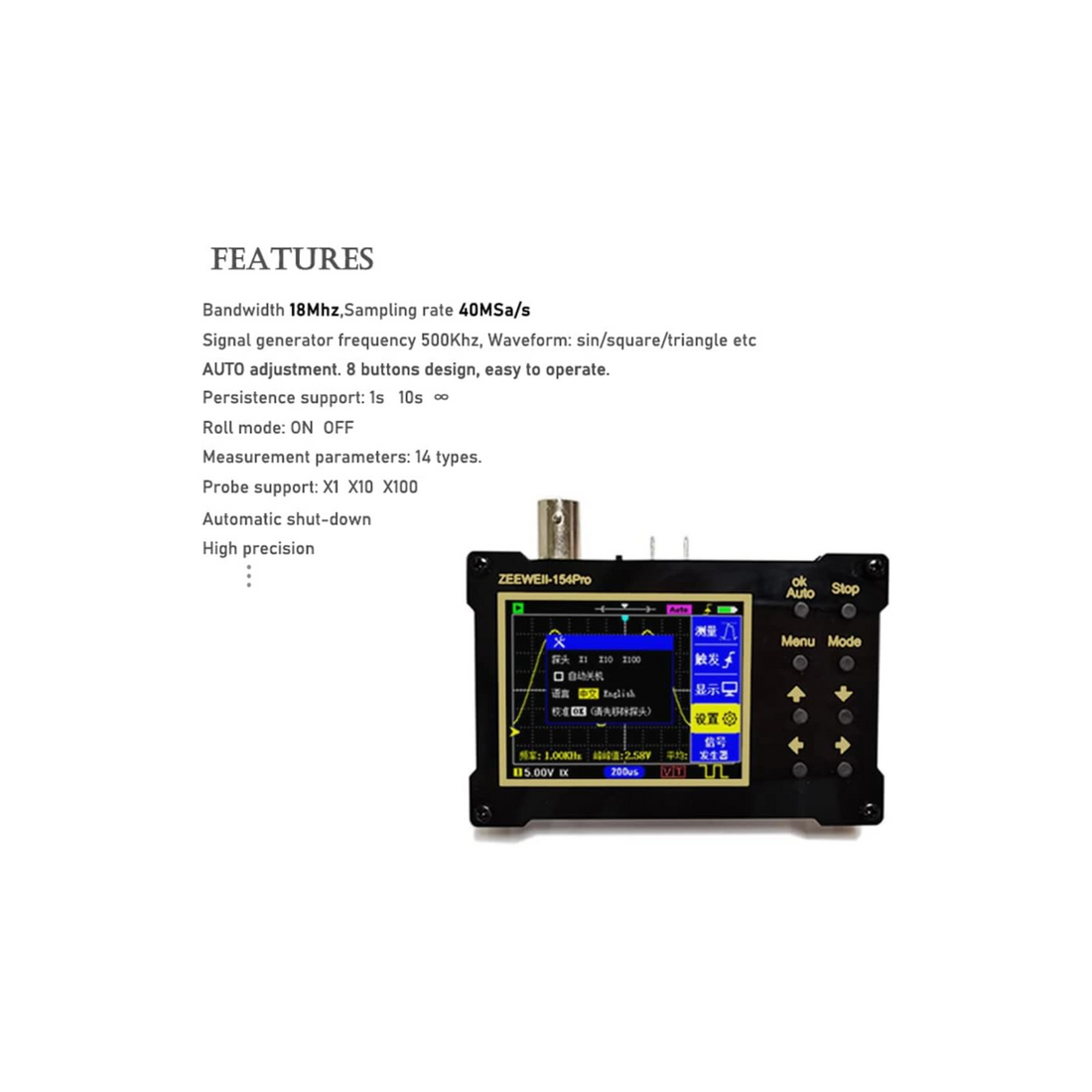 Morelian DSO154Pro 320 * 240 Resolution 2.4-inch TFT Color Screen Digital Oscilloscope 40MSa/s Sampling Rate Support Signal Generator