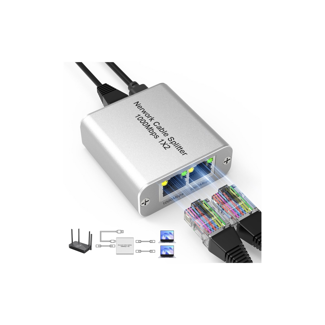 Ethernet Cable Splitter 1 to 2 with High-Speed 1000Mbps - Ethernet Splitter with USB Power Cable