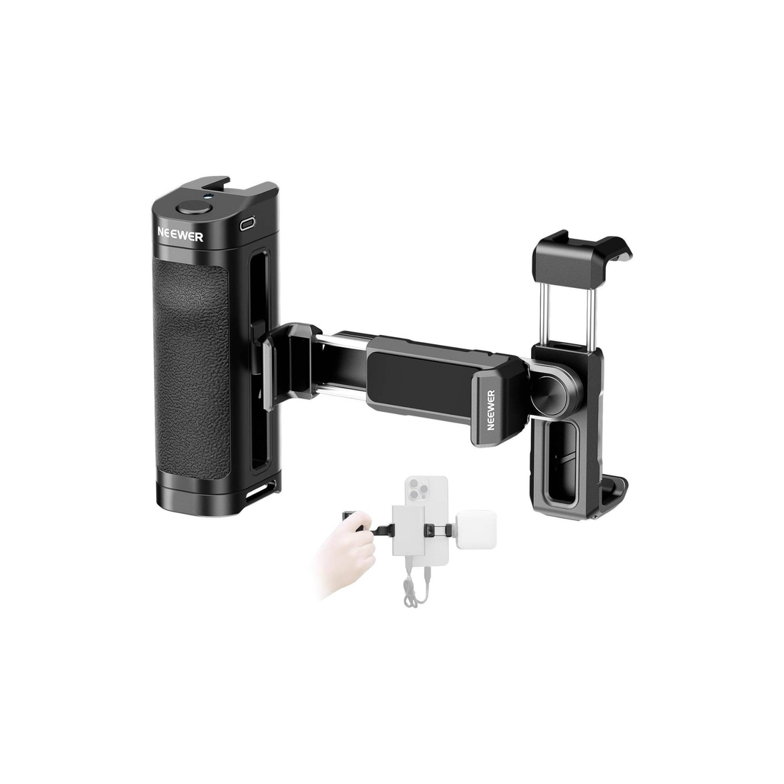 NEEWER Bluetooth Side Handle Shutter Release with 2.2"-3.2"/55-82mm 360° Phone Clamp & SSD Holder