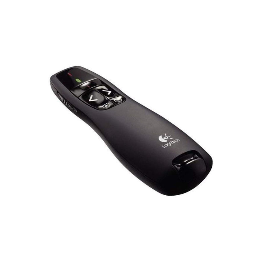 Logitech R400 Wireless Presentation Remote 2.4 GHz USB-Receiver Red Laser Pointer 15-Meter Operating Range 6 Buttons Intuitive Slideshow Control Battery Indicator PC