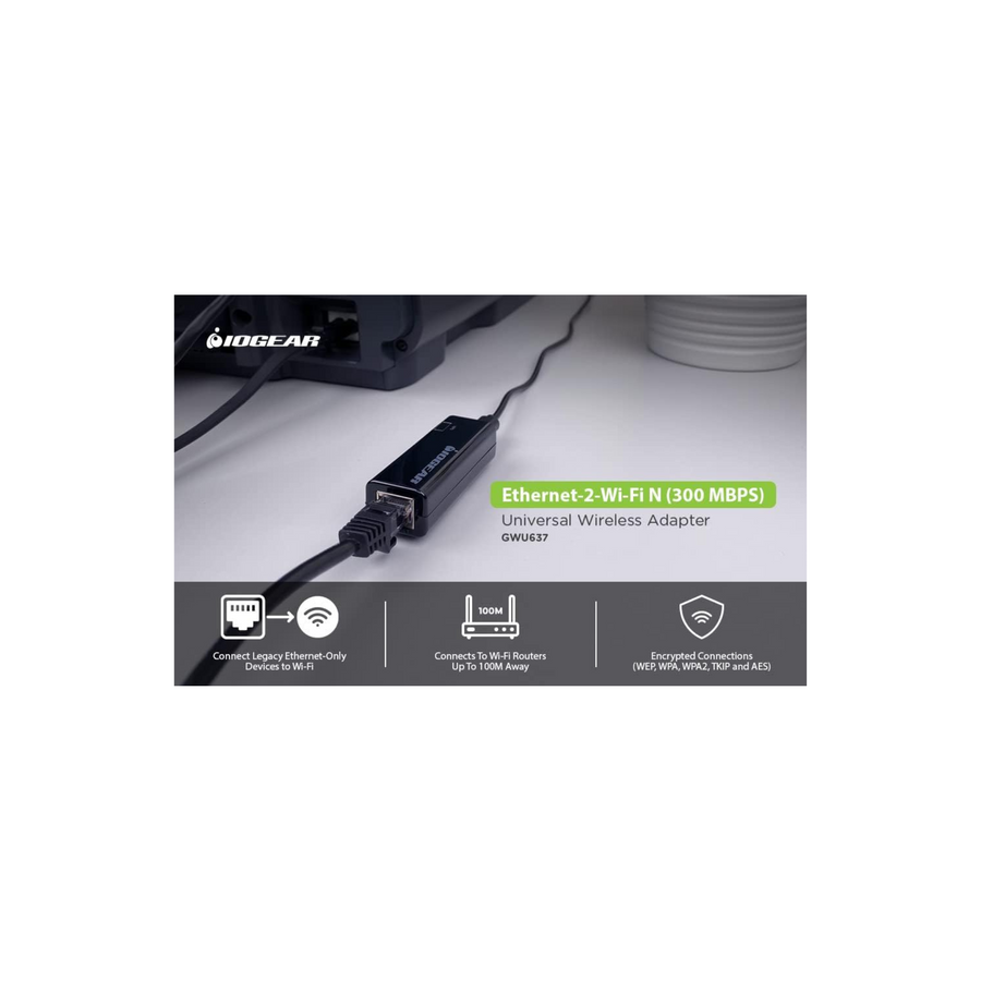 IOGEAR Universal Ethernet to Wi-Fi N Adapter - Speeds of up to 300Mbps on 2.4GHz - Push-button Wi-Fi Protected Setup (WPS) - Supports WEP