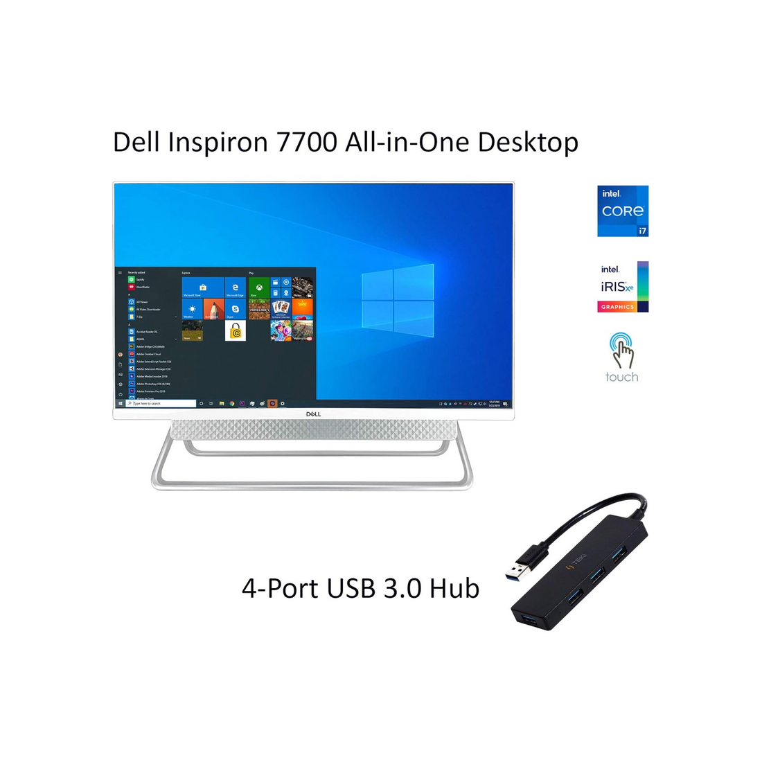 Dell Inspiron 7700 27" FHD Touch All-in-One Desktop + TEKi USB Hub - 11th Gen Intel Core i7-1165G7 up to 4.7 GHz CPU