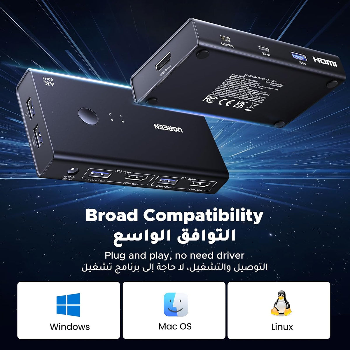UGREEN HDMI USB 3.0 KVM Switch 2 in 1 out, 4K@60HZ for 2 Computers and 1 Monitor with 4*USB 3.0 Port, for Mouse, Keyboard, Hard Drive, Printer, with Controller, HDMI Cables*2,USB Cables*2,Power Cable