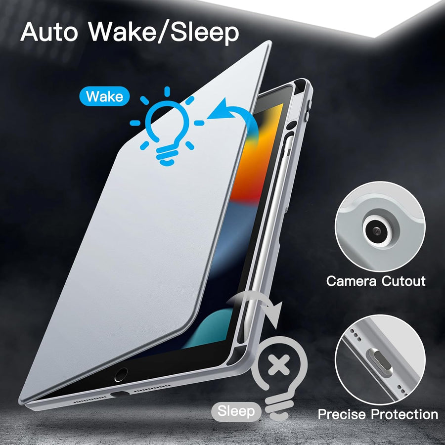 JETech Rotating Case for iPad 9/8/7 (10.2-Inch, 2021/2020/2019 Model, 9th/8th/7th Generation) with Pencil Holder, 360 Degree Rotation Protective Stand Cover Clear Back, Auto Wake/Sleep (Silver)