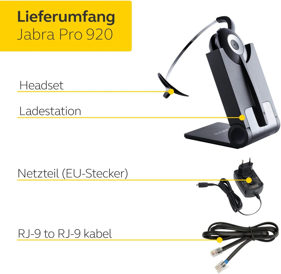 Jabra Pro 920 DECT Kabelloses On-Ear Mono Headset - HD Voice und Noise Cancelling - ganztägige Akkulaufzeit - optimal zur Verwendung mit Tischtelefonen in Europa - EU-Stecker