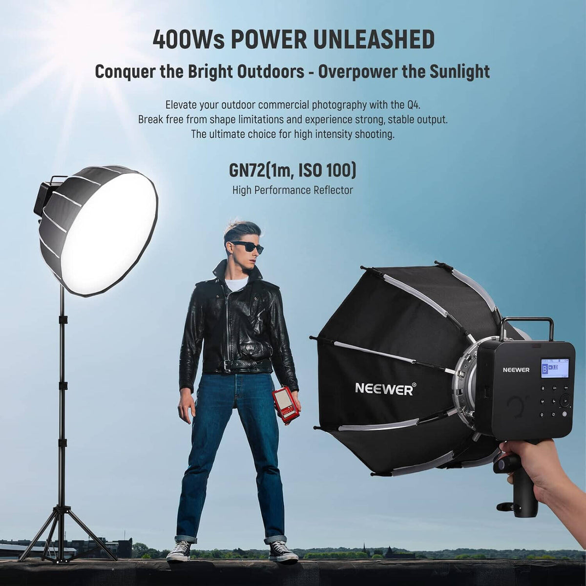 NEEWER Q4 400Ws 2.4G TTL Flash,1/8000 HSS, All in One Strobe Light, Outdoor Photography Monolight, 30W Modeling Lamp, 400W Full Power Flash, 0.01-1.2s Recycling, Black | Q4-400Ws