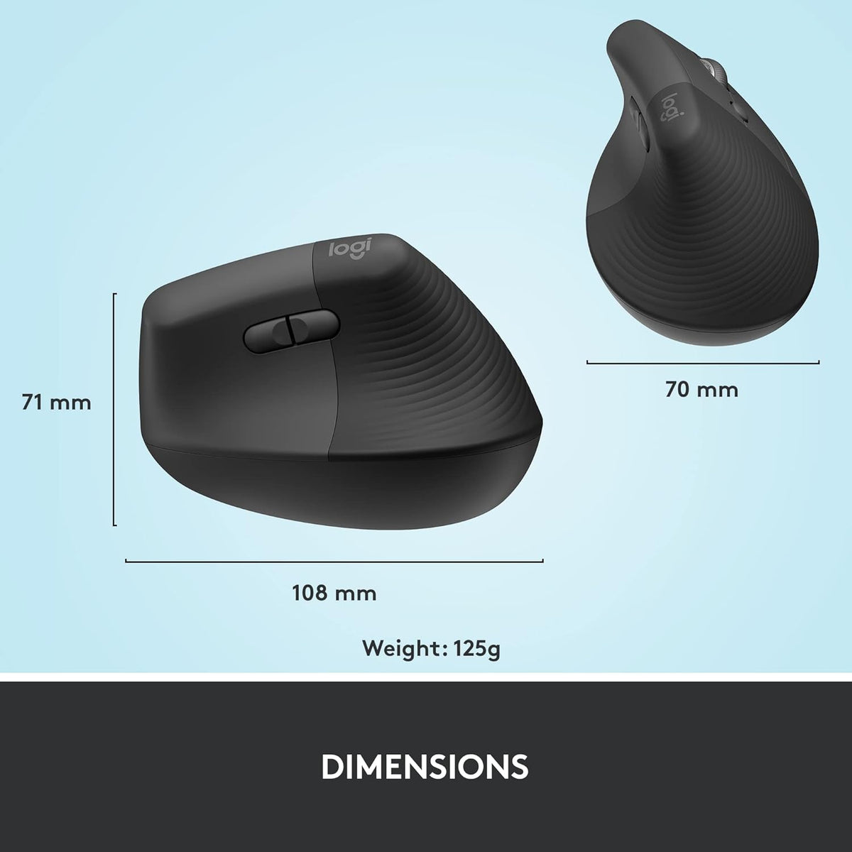 Logitech Lift Vertical Ergonomic Mouse, Wireless, Bluetooth or Logi Bolt USB receiver, Quiet clicks, 4 buttons, compatible with Windows/macOS/iPadOS, Laptop, PC - Graphite