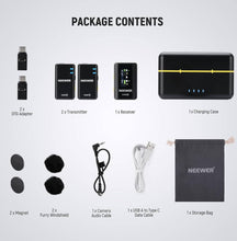 Neewer CM28 Wireless Lavalier Microphone System with Charging Case, 1 Click Noise Canceling, 4GB Storage for 9Hrs of 48KHz 16 Bit Uncompressed Audio Lapel Mic Compatible with iPhone/Android/PC/Camera