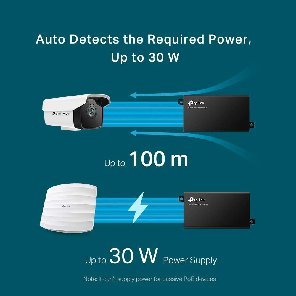 TP-Link 802.3at/af Gigabit PoE Injector | Non-PoE to PoE Adapter | Supplies PoE (15.4W) or PoE+ (30W) | Plug & Play | Desktop/Wall-Mount | Distance Up to 100m (PoE160S)