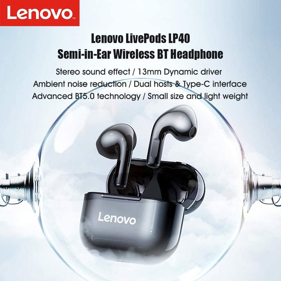 Lenovo LivePods LP40 TWS Semi-In-Ear Earbuds BT 5.0 True Wireless Earbuds with Touch Control Handsfree Call Stereo Sound Noise Cancelling Headphones with Two-Ear Design
