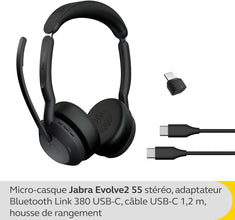 Jabra Evolve2 55 Stereo Wireless Headset Air Comfort Technology, Noise-cancelling Mics, and Active Noise Cancellation - MS Teams Certified, Works with All Other Platforms - Black