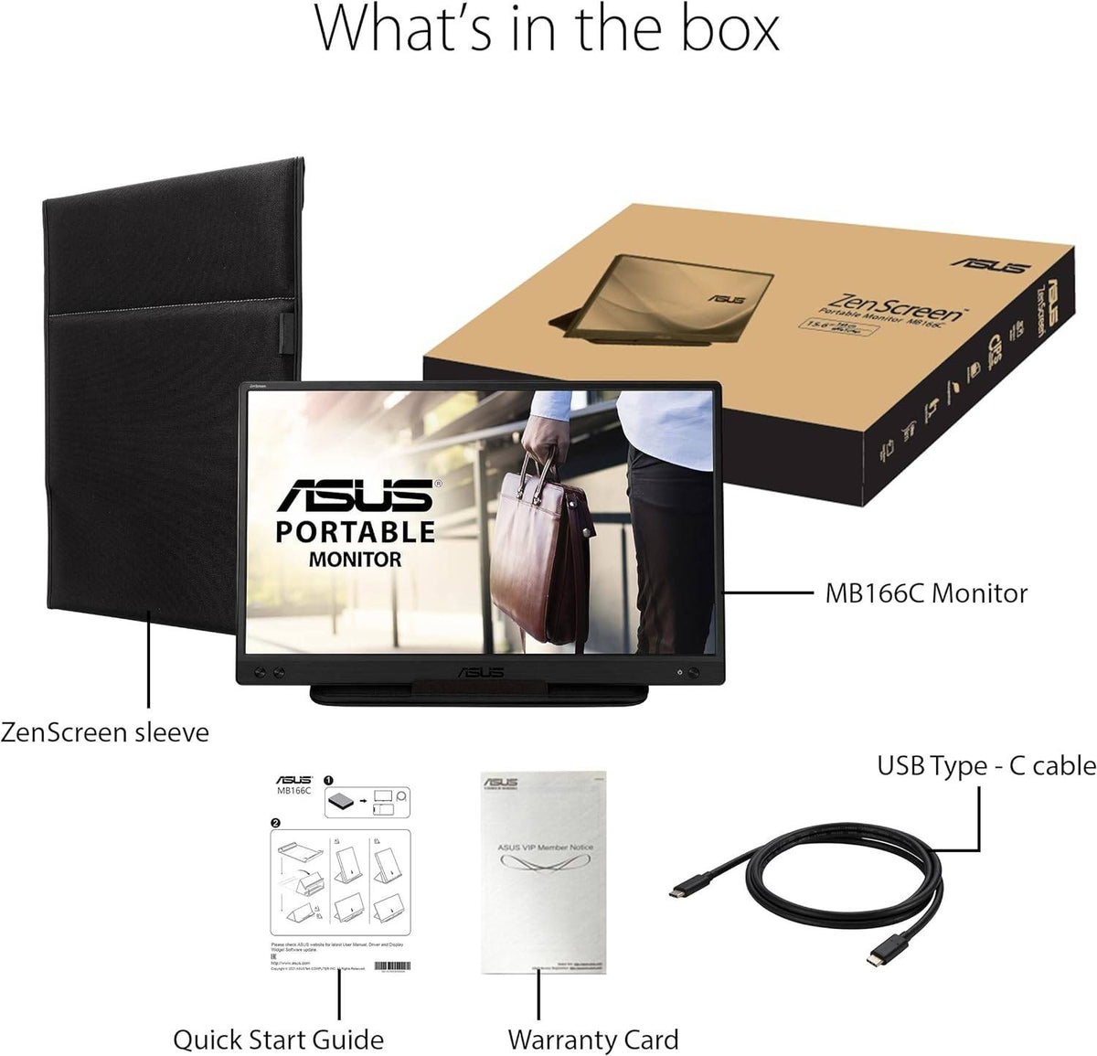 Asus ZenScreen MB166C Portable Monitor, 16" FHD IPS Display, 60Hz Refresh Rate, 5ms (GtG) Response Time, 262K Display Colors, USB-C Port, Black | 90LM07D3-B01170