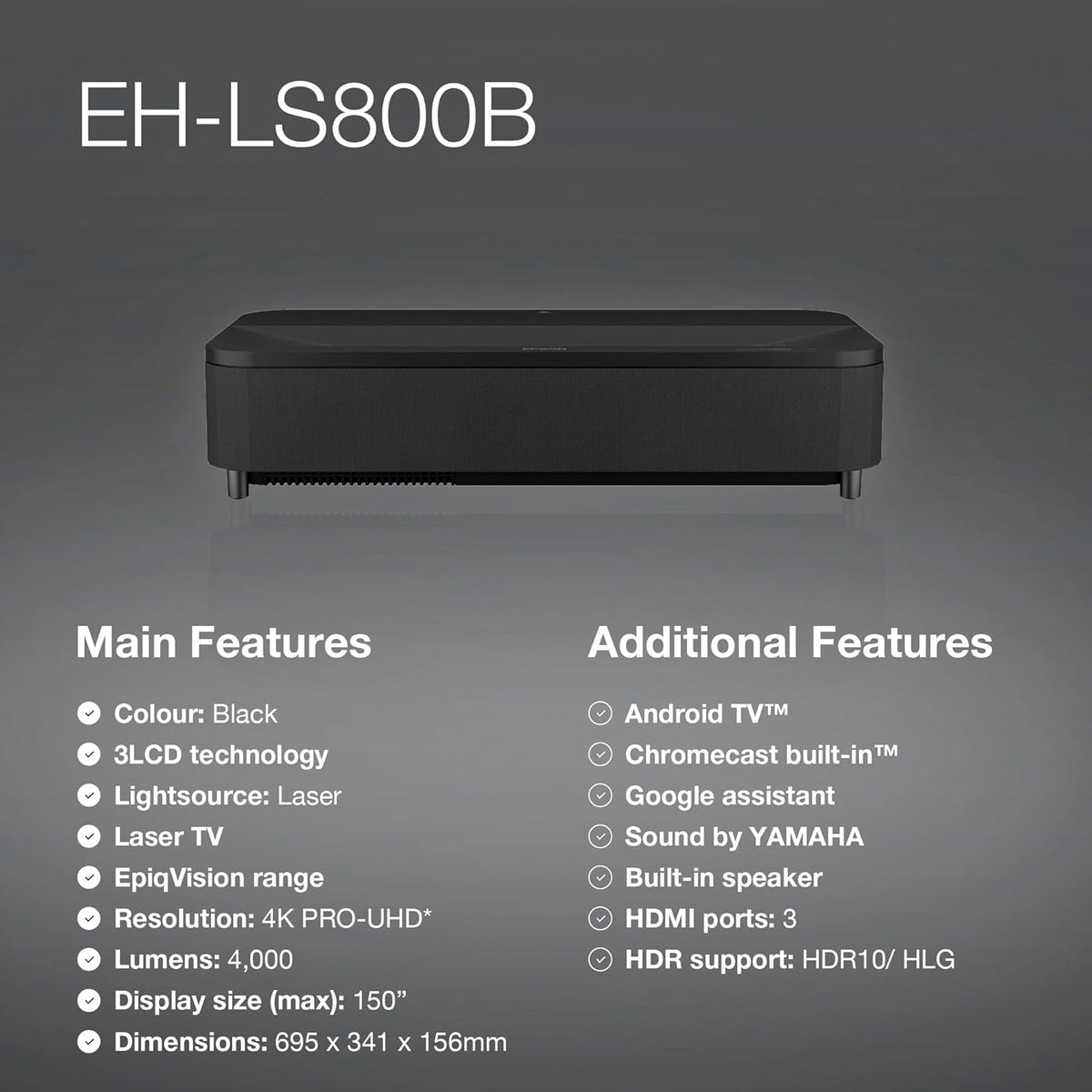EPSON EH-LS800B Super-ultra-short-throw projector, smart laser projection TV, 4,000 lumen brightness, 2,500,000:1 contrast ratio, 3LCD technology - Black