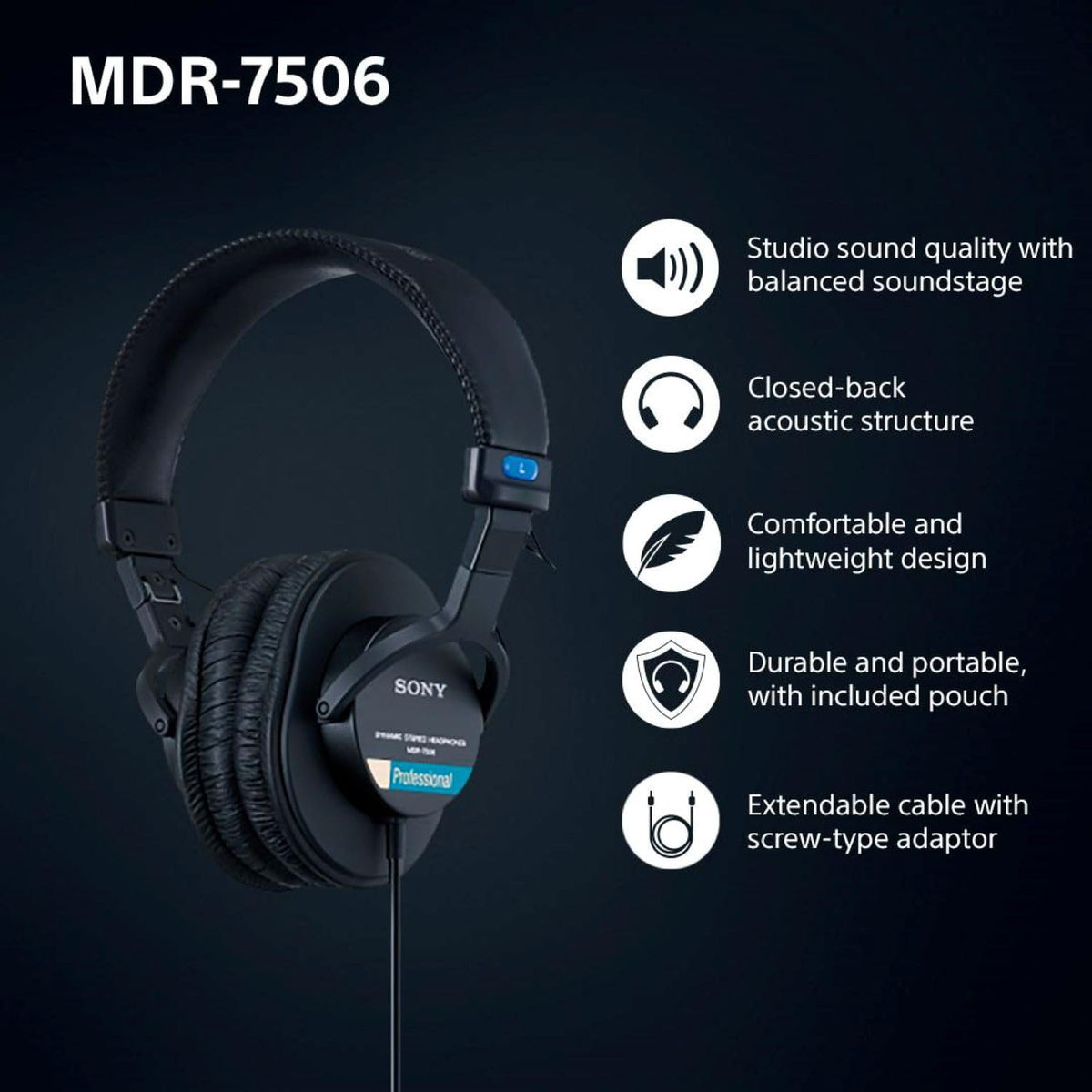 Sony MDR7506 Professional Large Diaphragm Headphone, Wired