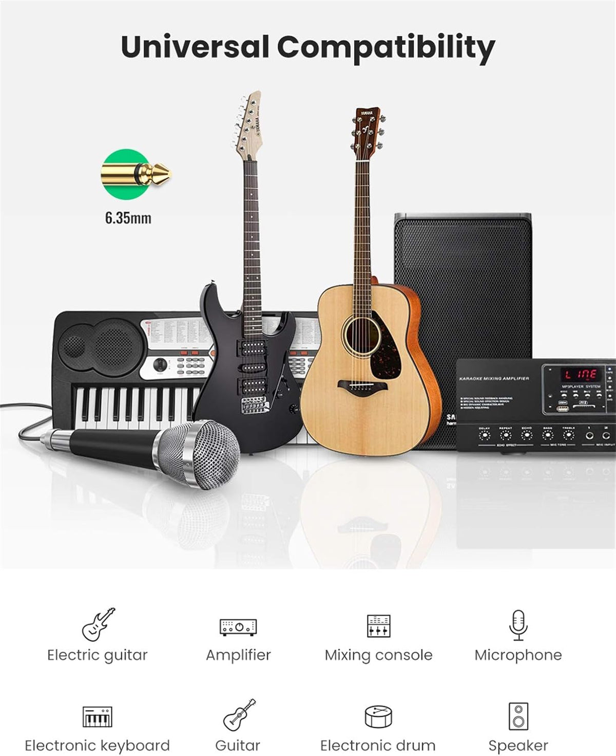UGREEN 6.35mm Audio Guitar Cable 1/4" to 1/4" Professional Speaker Cable Nylon Braid guitar lead, Instrument Mono 6.35mm Cord for Electric Guitar Effects Pedal Bass Drums Amplifier, etc (1M)