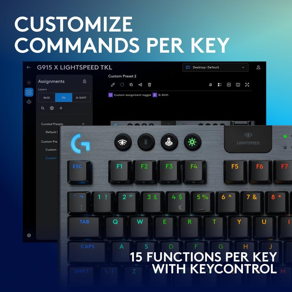 Logitech G915 X LIGHTSPEED TKL Low-Profile Wireless Gaming Keyboard, Double-Shot PBT Keycaps, Fully Programmable Keys, RGB Backlighting, Sleek Aluminum Finishing, GL Blue Clicky, PC/MAC - Black