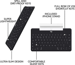 Logitech Keys-To-Go Wireless Bluetooth Keyboard For iPhone, iPad, Smartphone, Tablet, Android, Windows, Apple TV, Ultra-Thin, Ultra-Light, Short-Cut Keys, QWERTY UK Layout - Black