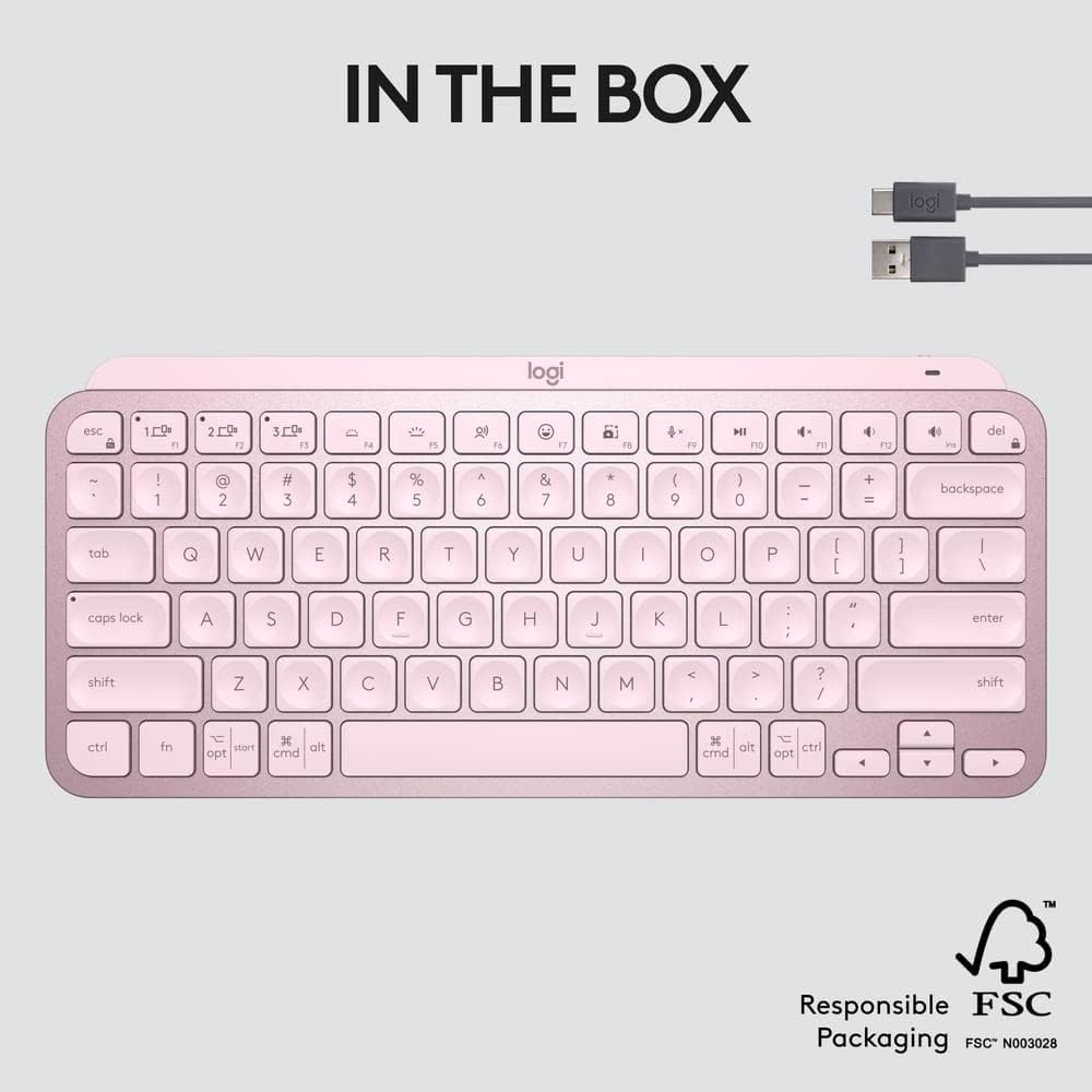 Logitech MX Keys Mini Minimalist Wireless Illuminated Keyboard, Compact, Bluetooth, Backlit, USB-C, Compatible with Apple macOS, iOS, Windows, Linux, Android, Metal Build - Rose