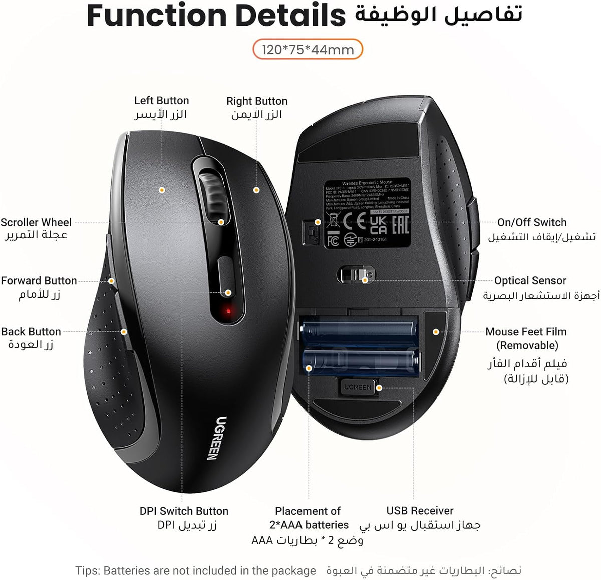 UGREEN Wireless Mouse, 2.4G Ergonomic Optical Mouse, Computer Mice for Laptop, 1600 DPI, 3 Adjustment Levels, 6 Buttons, 12 Months Battery Life, USB Mice for Laptop, PC, Chromebook, Notebook, Black