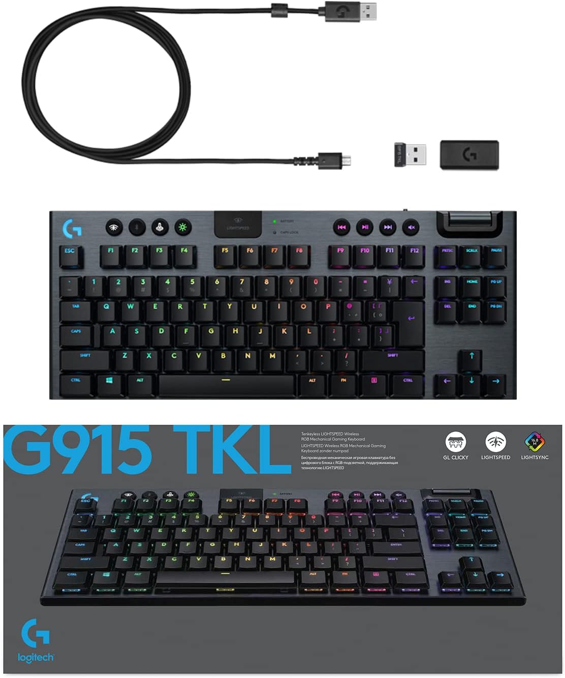 Logitech G915 TKL Tenkeyless Lightspeed Wireless RGB Mechanical Gaming Keyboard, Low Profile Switch Options, Lightsync RGB, Advanced Wireless and Bluetooth Support - Tactile