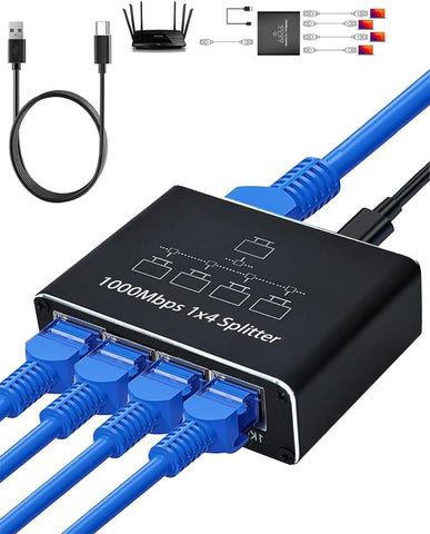KWSLIN 1000Mbps Network Splitter, RJ45 Ethernet Splitter 1 to 4 High Speed Gigabit LAN Internet Splitter for Cat 5/5e/6/7/8, Supports Four Devices Working Simultaneously