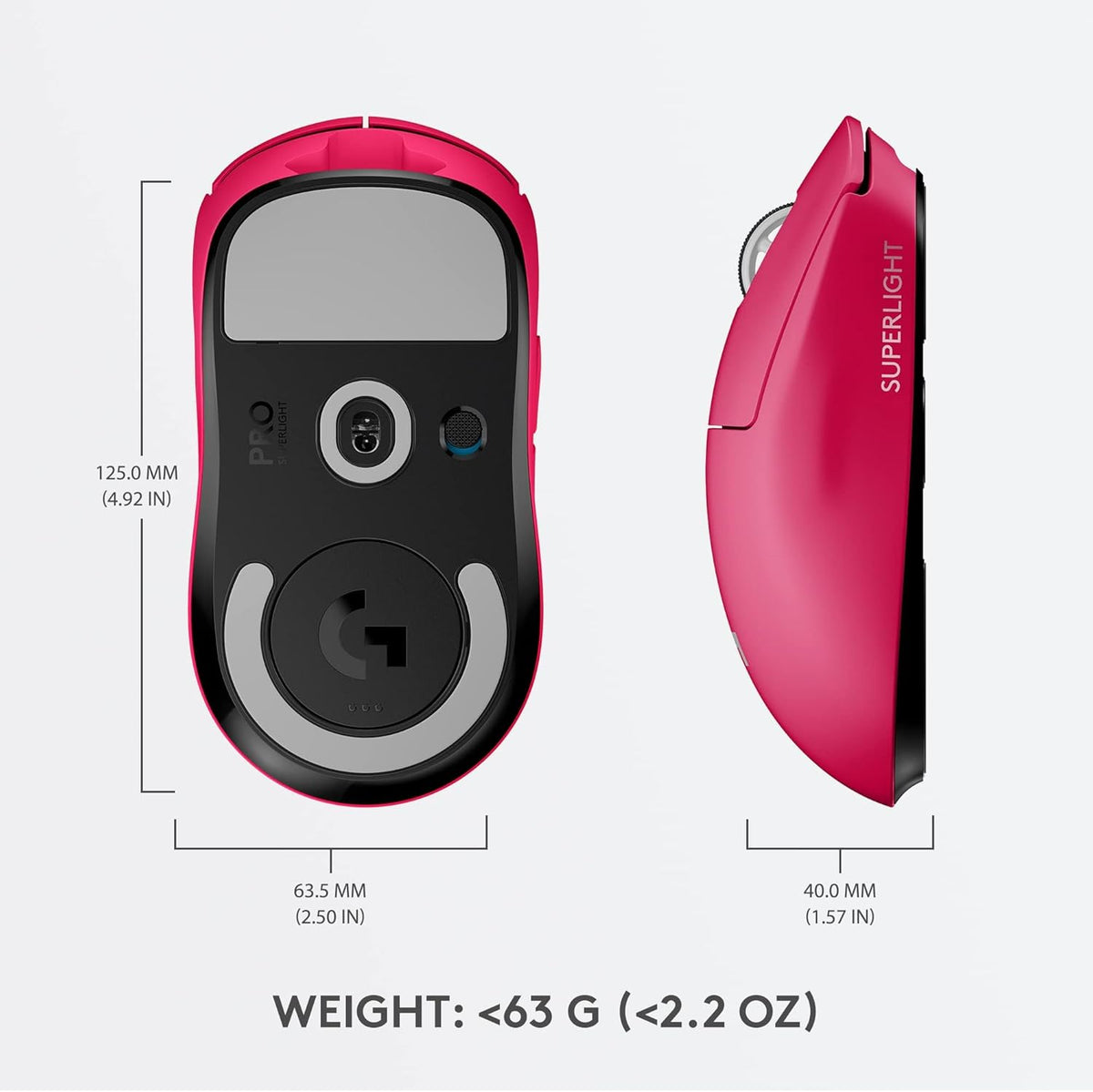 Logitech G PRO SUPERLIGHT Wireless Gaming Mouse, Ultra Lightweight 63g, HERO 25K Sensor, 25,600 DPI, 5 Programmable Buttons, Long Battery Life, On-Board Memory, for esports, Compatible with PC-Magenta