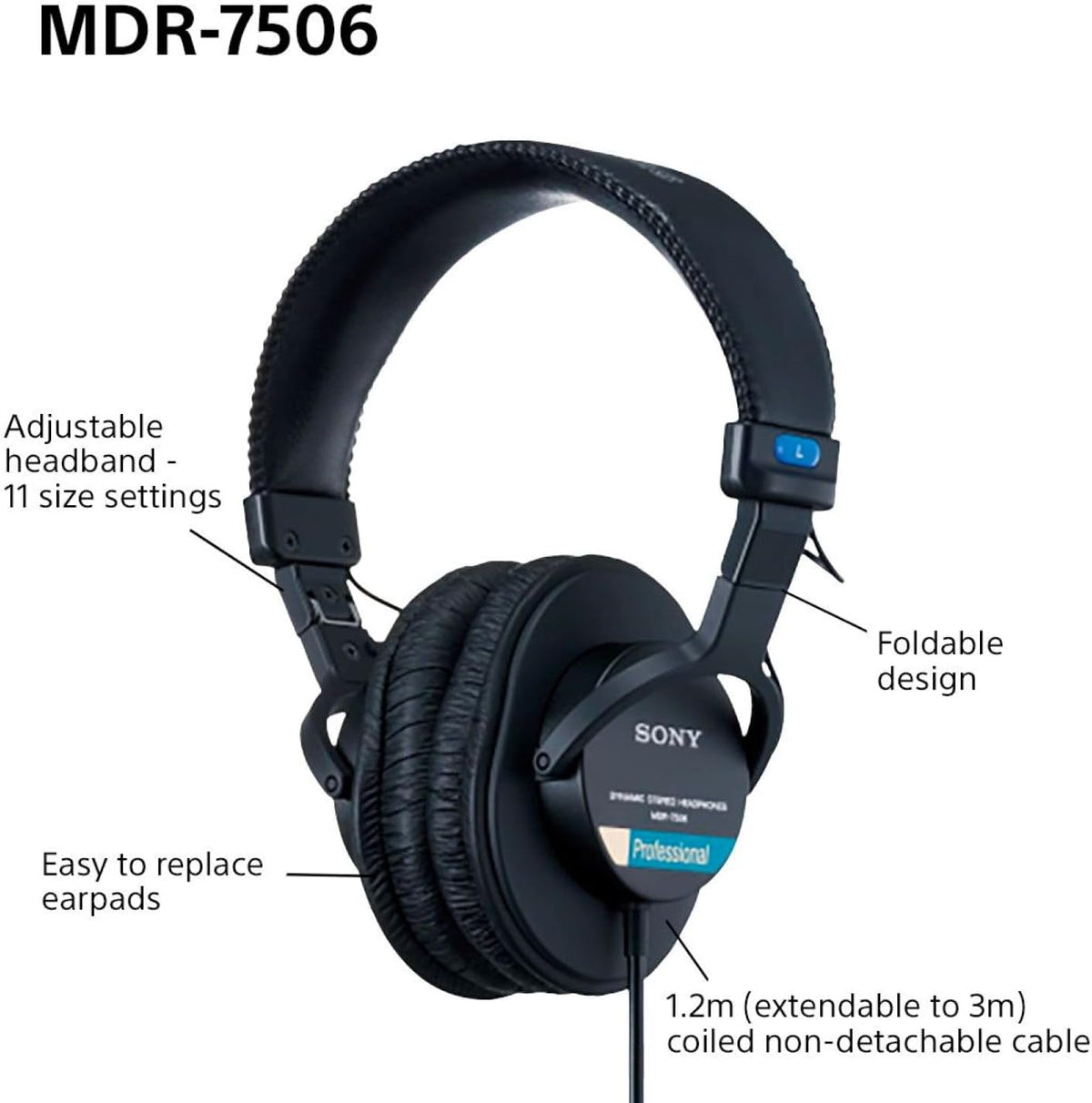 Sony MDR7506 Professional Large Diaphragm Headphone, Wired