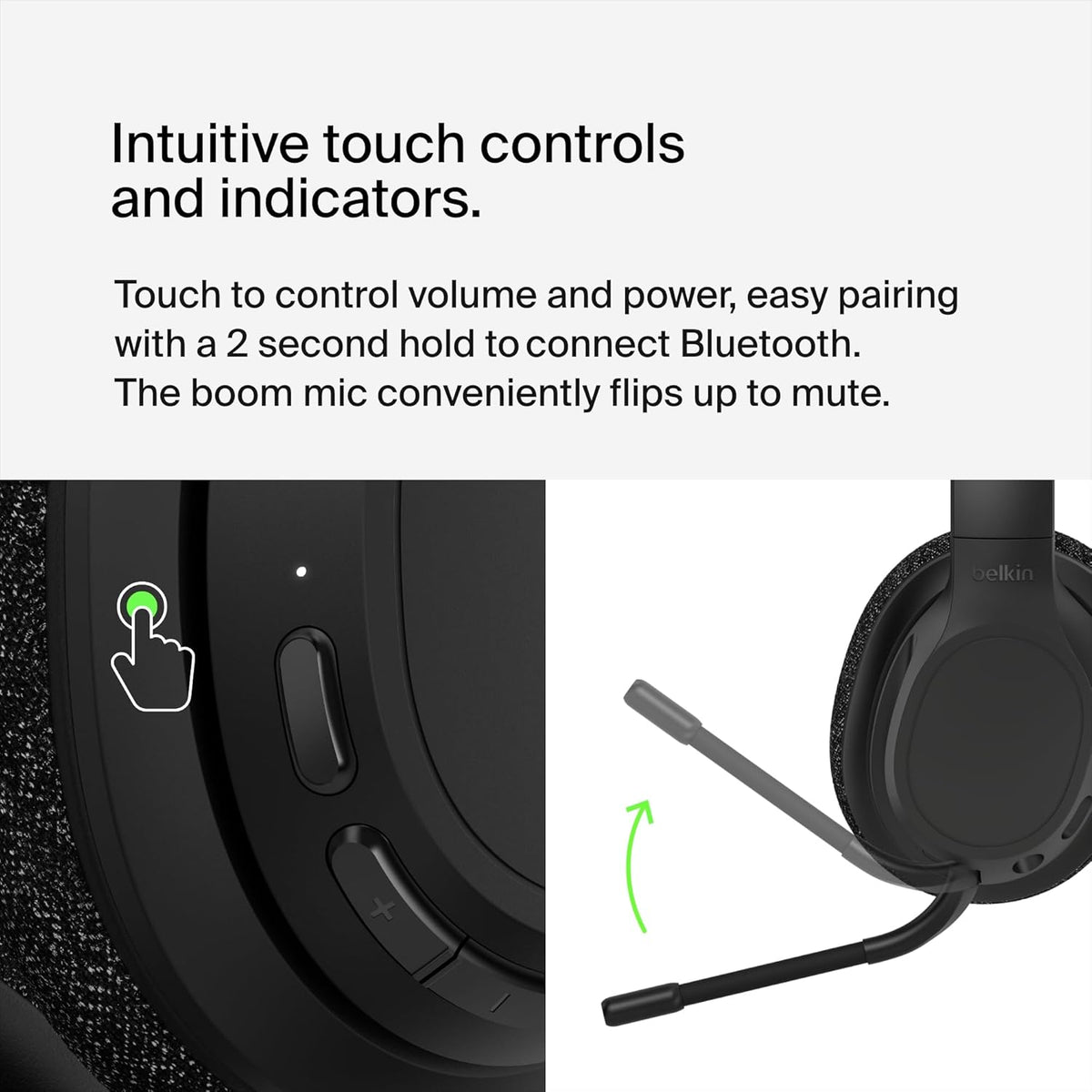 Belkin SoundForm Adapt Wireless Over-Ear Headset, Headphones for Work, Play, Gaming, & Travel with Built-In Boom Microphone - Compatible with iPhone, iPad, Galaxy, and More - Black
