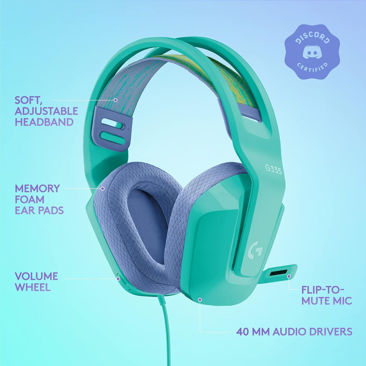 Logitech G Logitech G335 Wired Gaming Headset, with Microphone, 3.5mm Audio Jack, Comfortable Memory Foam Earpads, Lightweight, Compatible with PC, PlayStation, Xbox, Nintendo Switch - Mint