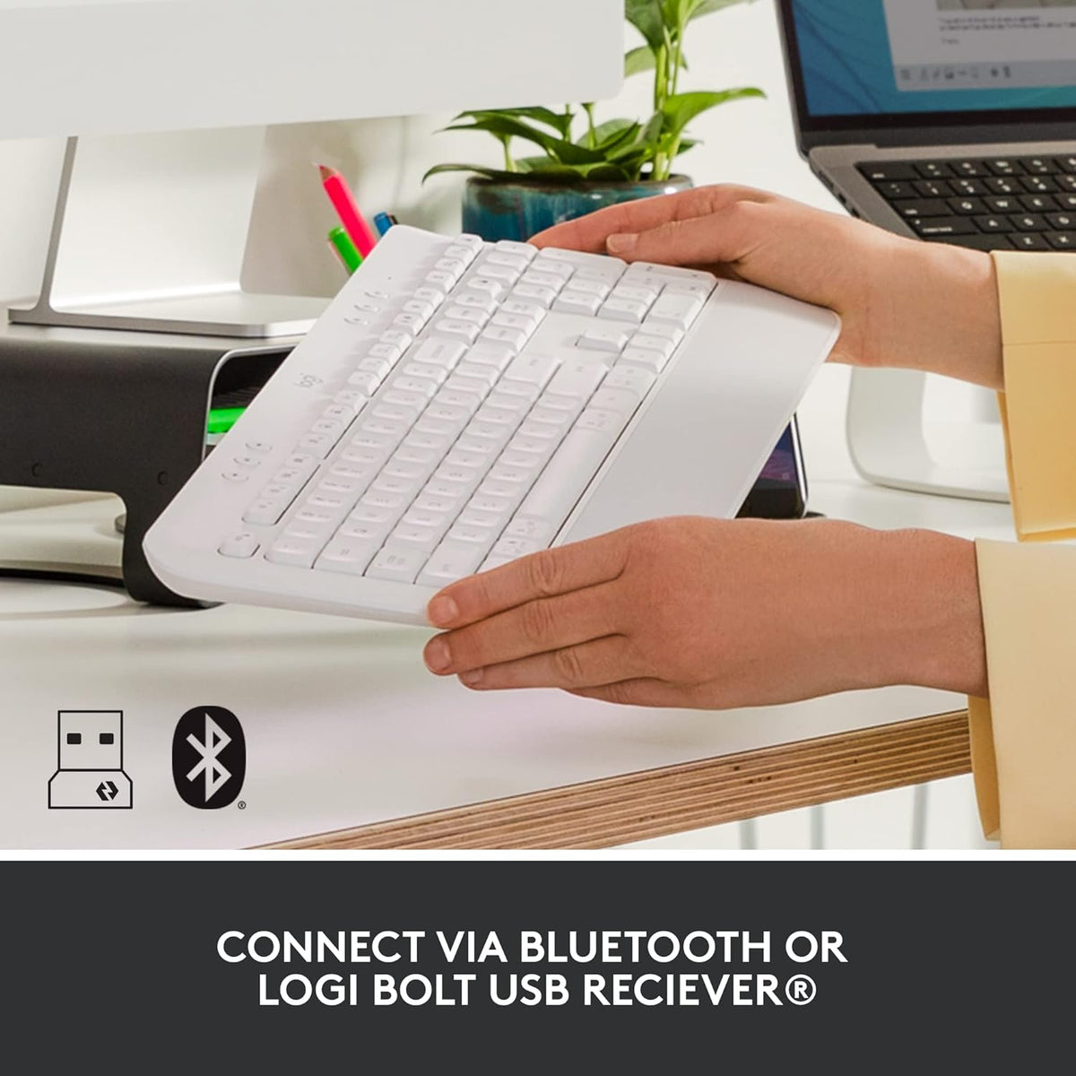 Logitech Signature K650 Wireless Keyboard with Wrist Rest, Full-Size, BLE Bluetooth or Logi Bolt USB Receiver, Comfort Deep-Cushioned Keys, Compatible with most OS/PC/Windows/Mac - White -AR Layout
