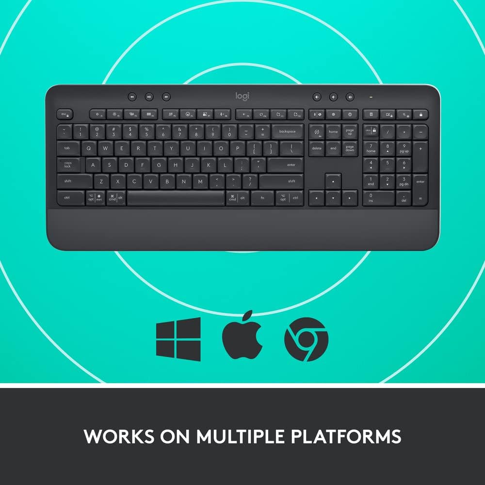 Logitech Signature K650 Wireless Keyboard with Wrist Rest, Full-Size, BLE Bluetooth or Logi Bolt USB Receiver, Comfort Deep-Cushioned Keys, Compatible with most OS/PC/Windows/Mac - White -AR Layout