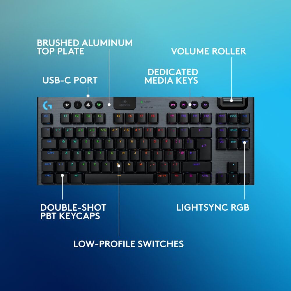 Logitech G915 X LIGHTSPEED TKL Low-Profile Wireless Gaming Keyboard, Double-Shot PBT Keycaps, Fully Programmable Keys, RGB Backlighting, Sleek Aluminum Finishing, GL Blue Clicky, PC/MAC - Black